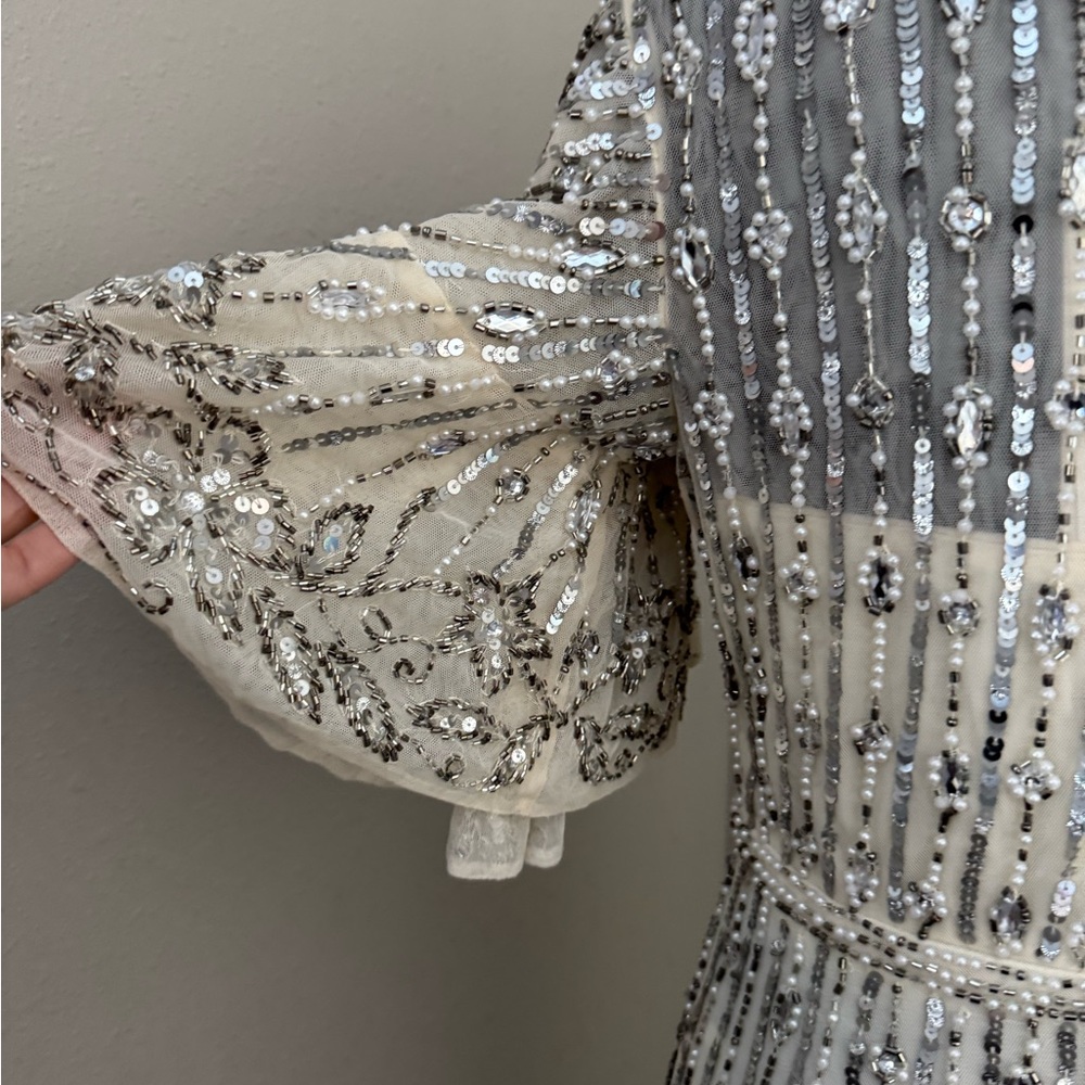 New Mac Duggal Silver Flounce Sleeve Midi Dress 5579 Size 4 - Picture 6 of 11